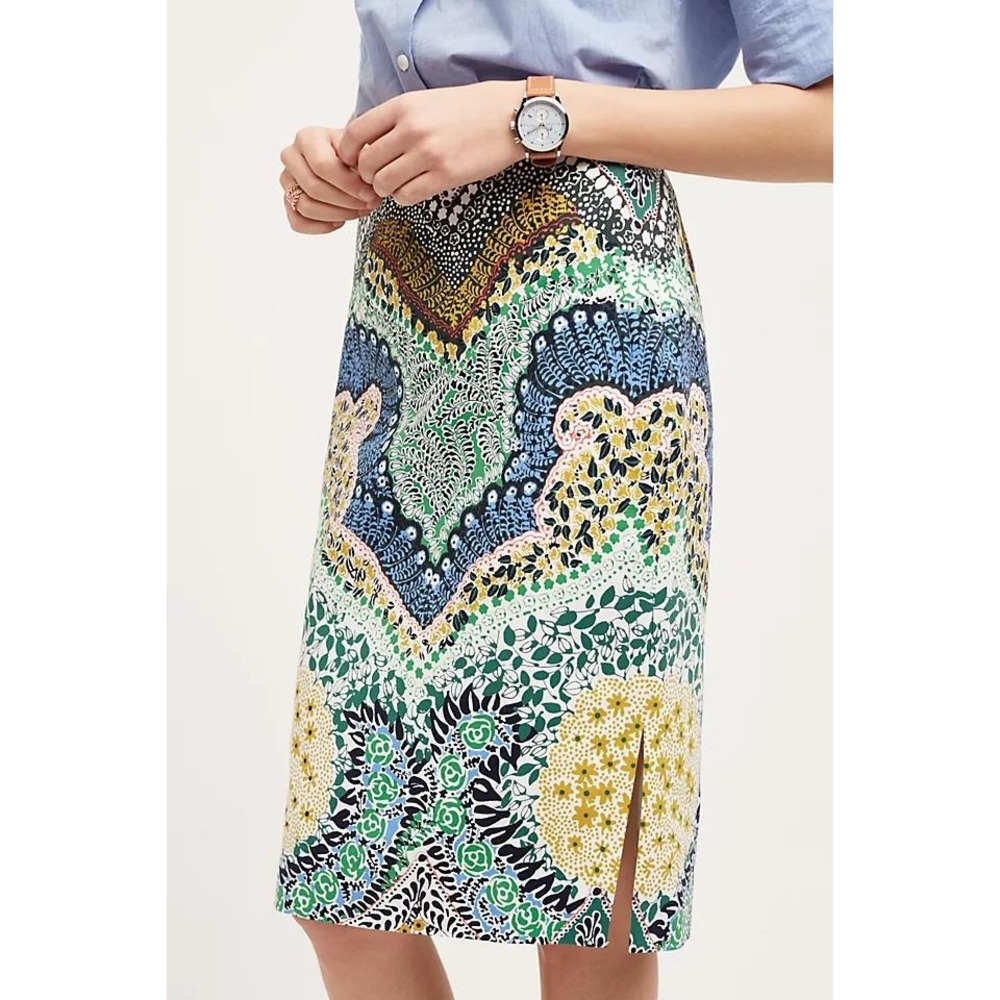 Moulinette Soeurs Riverwood Pencil Skirt Floral Side Slit Print Cotton Size 6